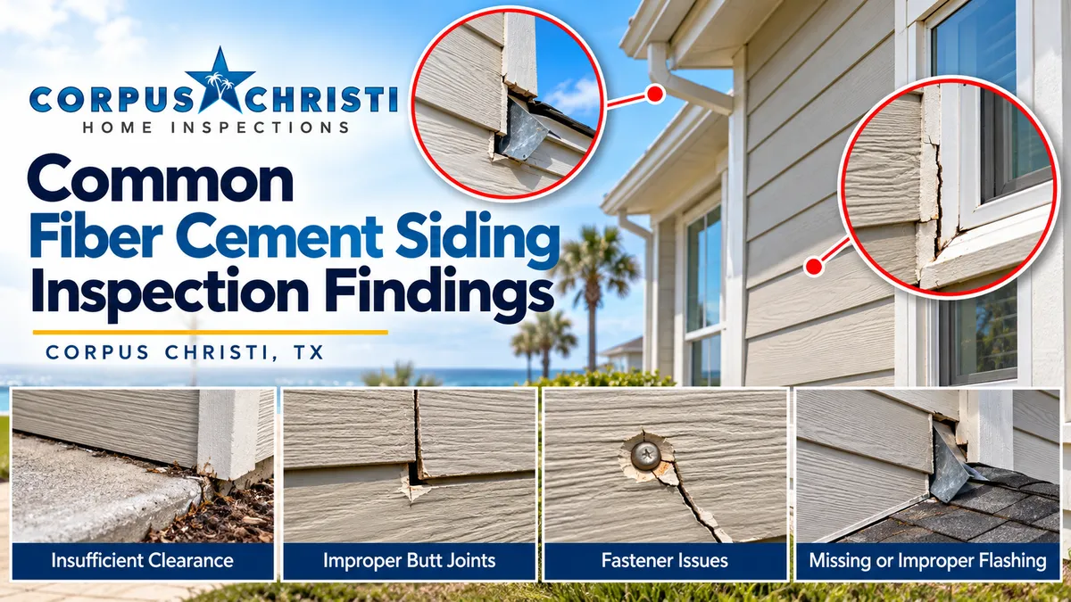 Illustration of fiber cement siding problems in Corpus Christi, including improper clearances, damaged butt joints, fastener issues, and flashing deficiencies.