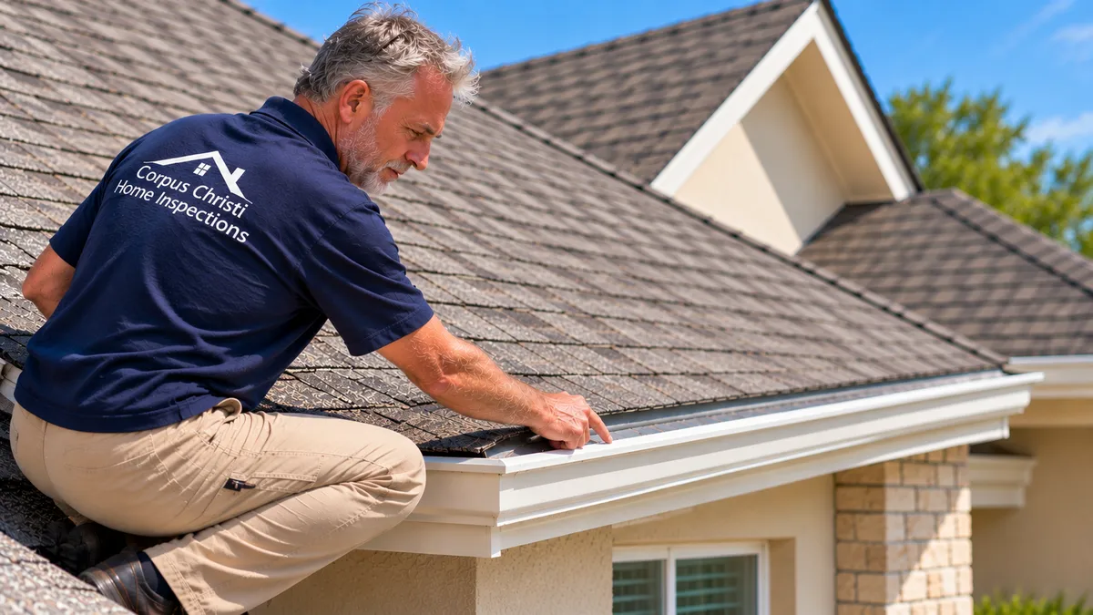 Gerald Herrmann inspecting a roof during a home inspection in Corpus Christi, Texas