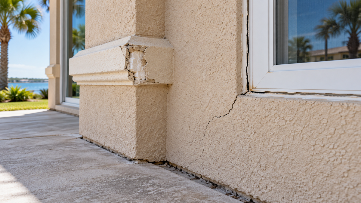 Stucco cracks around window, damaged EIFS decorative trim, and exterior cladding deterioration